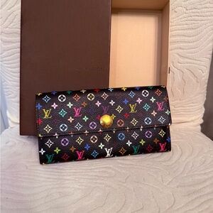 Louis Vuitton Murakami Black  Multicolor Monogram Sarah Wallet /pink interior
